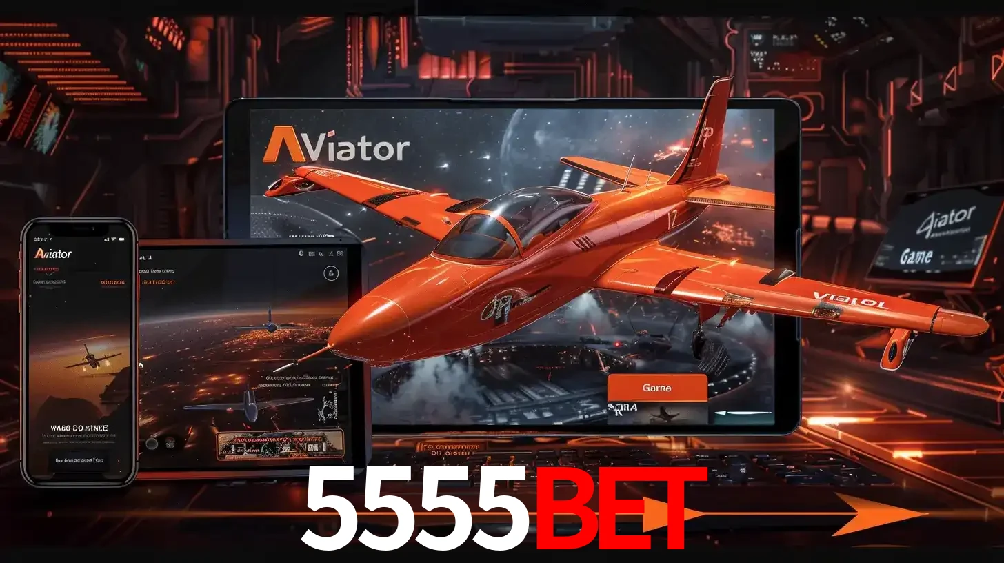 Apresentação tecnológica do jogo Aviator com um avião saindo da tela de um tablet, demonstrando a experiência imersiva em múltiplos dispositivos no 5555BET.