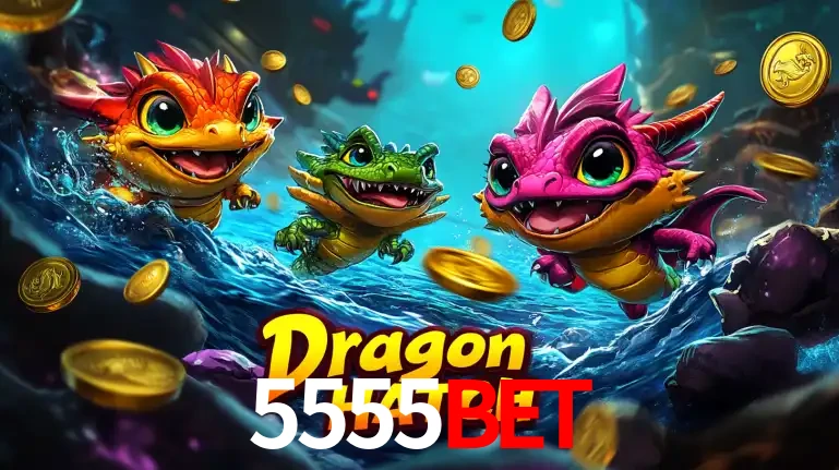 Arte promocional do jogo Dragon Hatch com três adoráveis dragões bebês nadando entre moedas de ouro, um dos slots mais divertidos para jogar no cassino 5555BET.