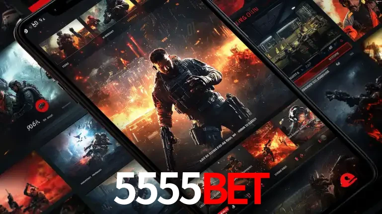 Tela de um celular exibindo uma galeria de jogos de tiro com temática militar, mostrando a variedade de e-sports disponíveis para apostas na plataforma de entretenimento 5555BET.