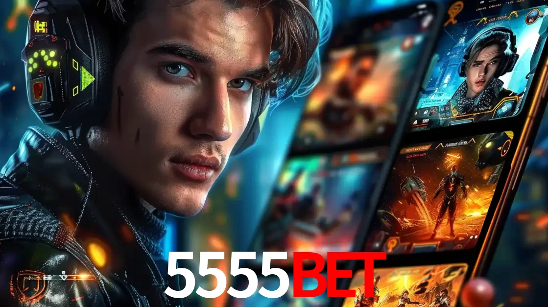 Jovem jogador com fones de ouvido olhando para a câmera, com um aplicativo de jogos e e-sports para celular ao fundo, pronto para a competição e apostas no 5555BET.