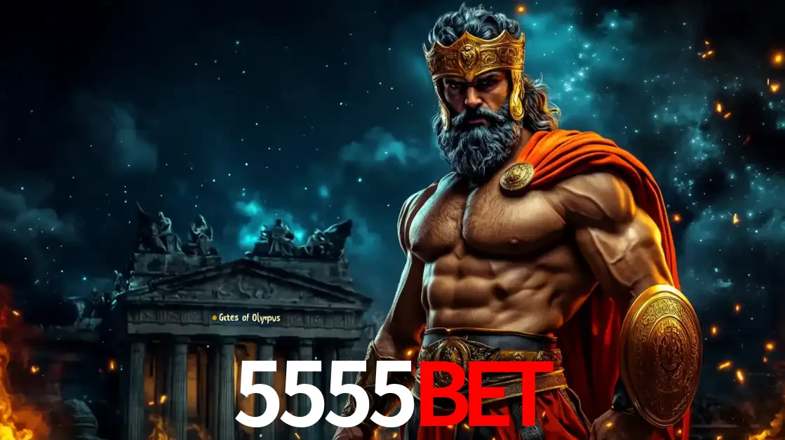 O poderoso Zeus do jogo de slot Gates of Olympus em frente ao seu templo, pronto para lançar multiplicadores divinos e prêmios épicos no cassino online 5555BET.