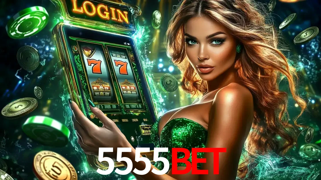 Mulher com tema verde apresentando o aplicativo do cassino 5555BET com um jogo de slot de 777, cercada por fichas de cassino e uma aura de sorte.