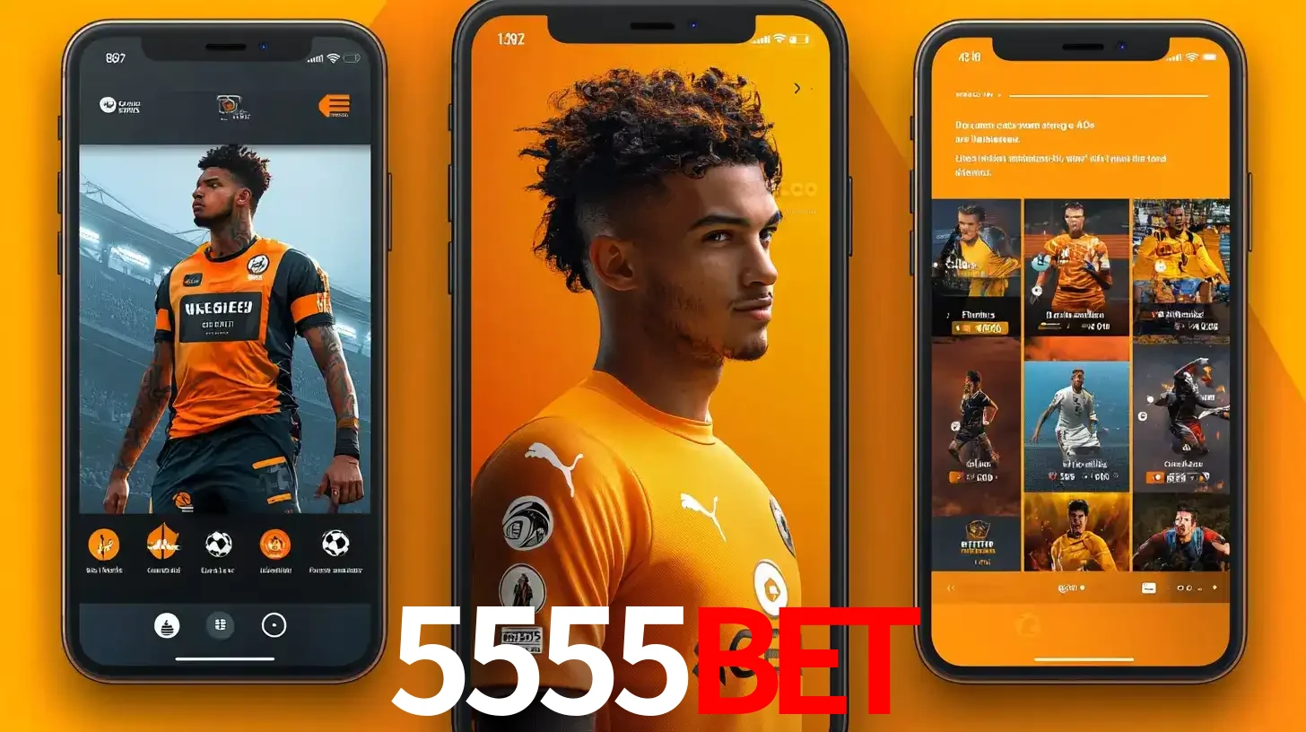 Interface do aplicativo de apostas esportivas 5555BET em três telas de celular, mostrando o perfil de um jogador de futebol e a lista de jogos disponíveis para apostar.