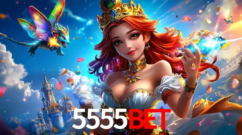 A princesa de um reino de fantasia mágico, com seu pequeno dragão, apresentando um mundo de prêmios encantados nos jogos de caça-níqueis do cassino 5555BET.