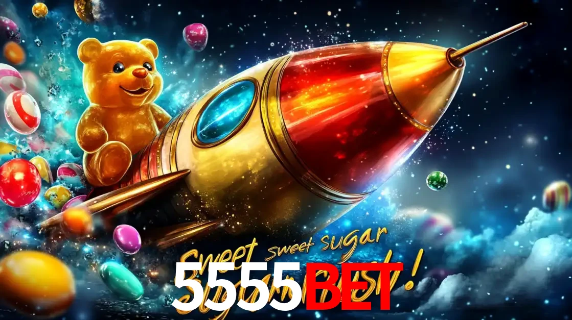 Arte promocional do jogo de slot Sugar Rush, com um urso de pelúcia em um foguete viajando pelo espaço de doces, um dos jogos divertidos disponíveis no cassino 5555BET.