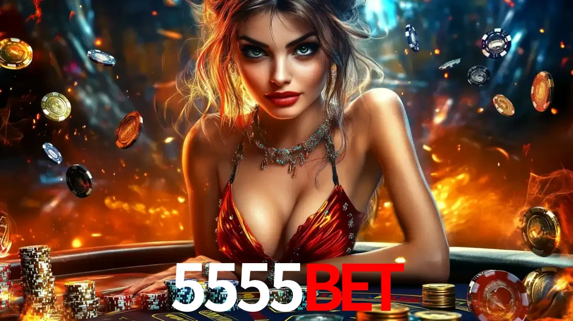 Mulher em uma mesa de cassino com pilhas de fichas e um fundo de fogo, pronta para uma rodada de altas apostas nos jogos de mesa emocionantes do cassino 5555BET.