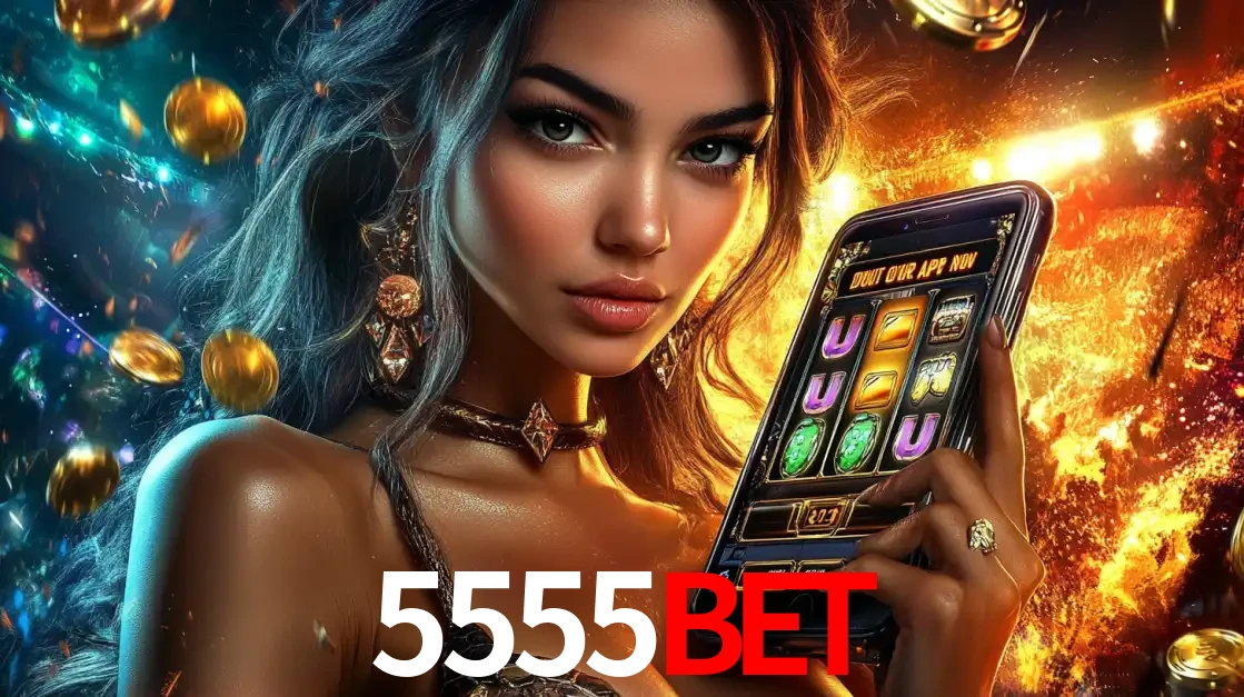 Mulher elegante mostrando um jogo de caça-níqueis em seu smartphone, destacando a experiência de cassino móvel oferecida pelo aplicativo 5555BET.