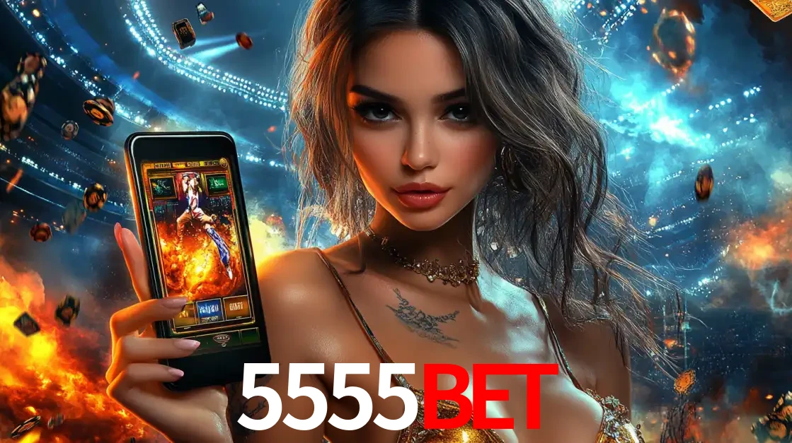 Mulher segurando um celular com um jogo de slot em destaque, tendo como fundo um estádio vibrante, simbolizando a emoção de jogar no cassino móvel 5555BET.